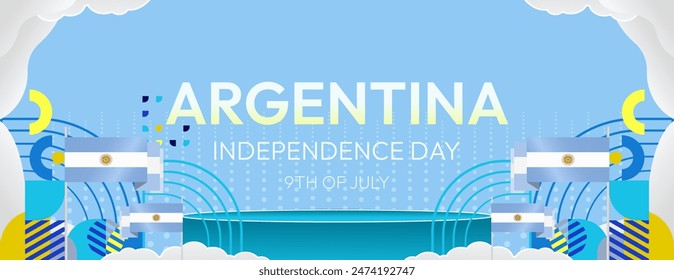 Argentina Independence Day banner in modern geometric style. Wide banner with typography and also country flag. Background for National holiday celebration party. Happy Independence Day of Argentina