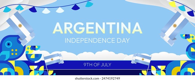 Argentina Independence Day banner in modern geometric style. Wide banner with typography and also country flag. Background for National holiday celebration party. Happy Independence Day of Argentina