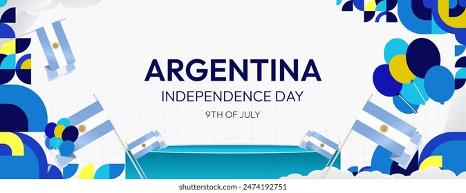 Argentina Independence Day banner in modern geometric style. Wide banner with typography and also country flag. Background for National holiday celebration party. Happy Independence Day of Argentina