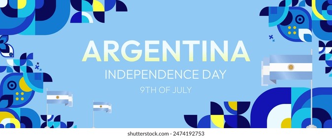 Argentina Independence Day banner in modern geometric style. Wide banner with typography and also country flag. Background for National holiday celebration party. Happy Independence Day of Argentina