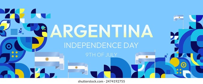 Argentina Independence Day banner in modern geometric style. Wide banner with typography and also country flag. Background for National holiday celebration party. Happy Independence Day of Argentina