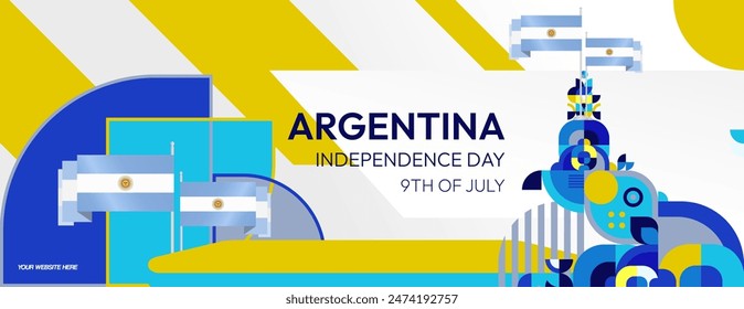 Argentina Independence Day banner in modern geometric style. Wide banner with typography and also country flag. Background for National holiday celebration party. Happy Independence Day of Argentina