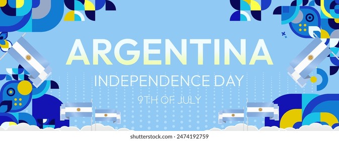 Argentina Independence Day banner in modern geometric style. Wide banner with typography and also country flag. Background for National holiday celebration party. Happy Independence Day of Argentina