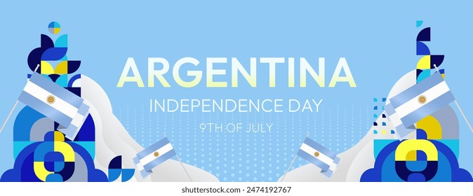 Argentina Independence Day banner in modern geometric style. Wide banner with typography and also country flag. Background for National holiday celebration party. Happy Independence Day of Argentina