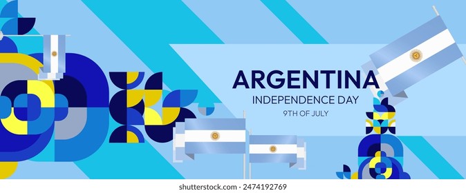 Argentina Independence Day banner in modern geometric style. Wide banner with typography and also country flag. Background for National holiday celebration party. Happy Independence Day of Argentina