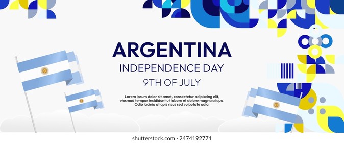 Argentina Independence Day banner in modern geometric style. Wide banner with typography and also country flag. Background for National holiday celebration party. Happy Independence Day of Argentina