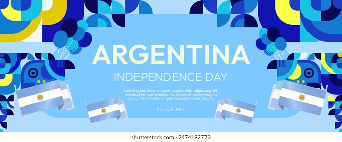 Argentina Independence Day banner in modern geometric style. Wide banner with typography and also country flag. Background for National holiday celebration party. Happy Independence Day of Argentina