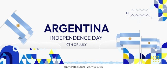 Argentina Independence Day banner in modern geometric style. Wide banner with typography and also country flag. Background for National holiday celebration party. Happy Independence Day of Argentina