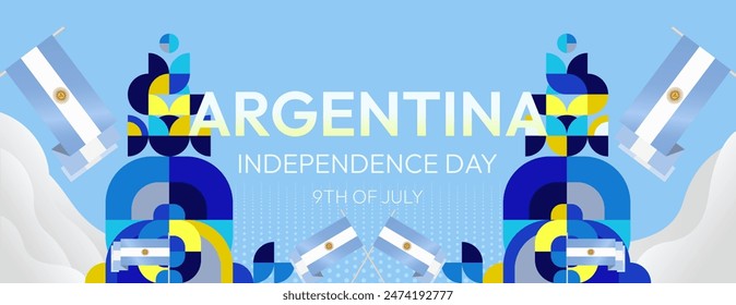 Argentina Independence Day banner in modern geometric style. Wide banner with typography and also country flag. Background for National holiday celebration party. Happy Independence Day of Argentina