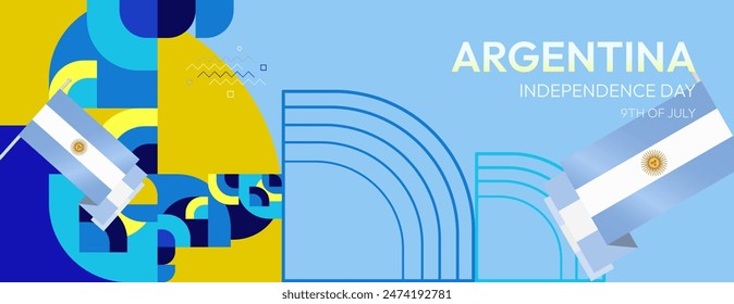 Argentina Independence Day banner in modern geometric style. Wide banner with typography and also country flag. Background for National holiday celebration party. Happy Independence Day of Argentina