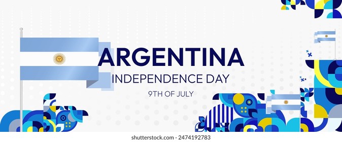 Argentina Independence Day banner in modern geometric style. Wide banner with typography and also country flag. Background for National holiday celebration party. Happy Independence Day of Argentina