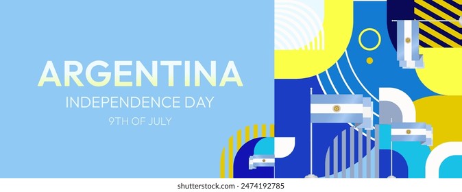 Argentina Independence Day banner in modern geometric style. Wide banner with typography and also country flag. Background for National holiday celebration party. Happy Independence Day of Argentina