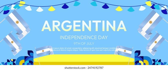 Argentina Independence Day banner in modern geometric style. Wide banner with typography and also country flag. Background for National holiday celebration party. Happy Independence Day of Argentina