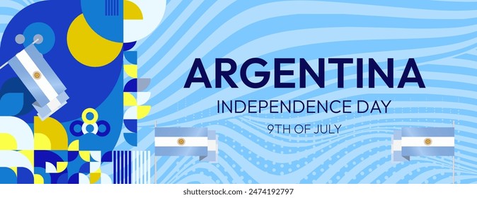 Argentina Independence Day banner in modern geometric style. Wide banner with typography and also country flag. Background for National holiday celebration party. Happy Independence Day of Argentina