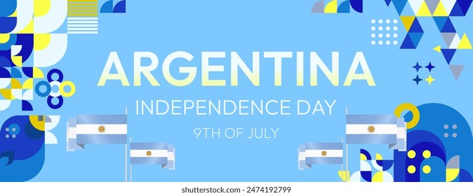 Argentina Independence Day banner in modern geometric style. Wide banner with typography and also country flag. Background for National holiday celebration party. Happy Independence Day of Argentina