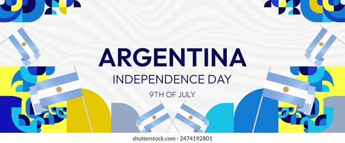 Argentina Independence Day banner in modern geometric style. Wide banner with typography and also country flag. Background for National holiday celebration party. Happy Independence Day of Argentina