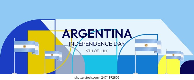 Argentina Independence Day banner in modern geometric style. Wide banner with typography and also country flag. Background for National holiday celebration party. Happy Independence Day of Argentina