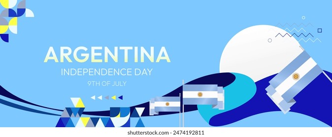 Argentina Independence Day banner in modern geometric style. Wide banner with typography and also country flag. Background for National holiday celebration party. Happy Independence Day of Argentina