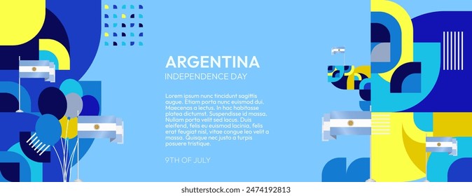 Argentina Independence Day banner in modern geometric style. Wide banner with typography and also country flag. Background for National holiday celebration party. Happy Independence Day of Argentina