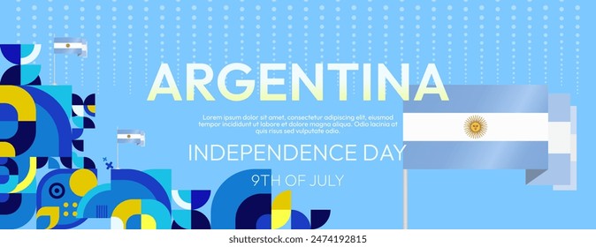 Argentina Independence Day banner in modern geometric style. Wide banner with typography and also country flag. Background for National holiday celebration party. Happy Independence Day of Argentina