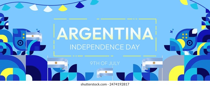 Argentina Independence Day banner in modern geometric style. Wide banner with typography and also country flag. Background for National holiday celebration party. Happy Independence Day of Argentina