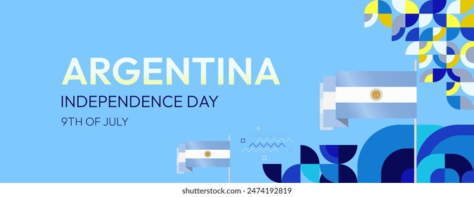 Argentina Independence Day banner in modern geometric style. Wide banner with typography and also country flag. Background for National holiday celebration party. Happy Independence Day of Argentina