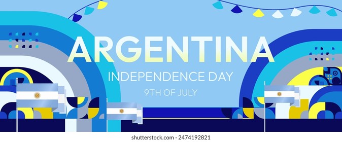 Argentina Independence Day banner in modern geometric style. Wide banner with typography and also country flag. Background for National holiday celebration party. Happy Independence Day of Argentina