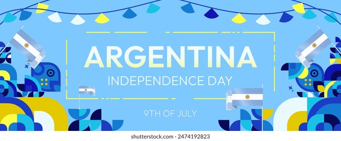 Argentina Independence Day banner in modern geometric style. Wide banner with typography and also country flag. Background for National holiday celebration party. Happy Independence Day of Argentina