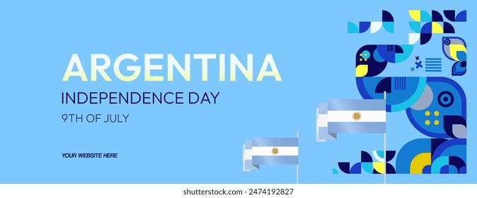 Argentina Independence Day banner in modern geometric style. Wide banner with typography and also country flag. Background for National holiday celebration party. Happy Independence Day of Argentina