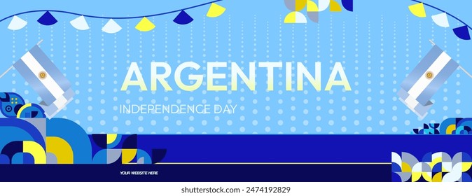 Argentina Independence Day banner in modern geometric style. Wide banner with typography and also country flag. Background for National holiday celebration party. Happy Independence Day of Argentina