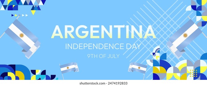 Argentina Independence Day banner in modern geometric style. Wide banner with typography and also country flag. Background for National holiday celebration party. Happy Independence Day of Argentina