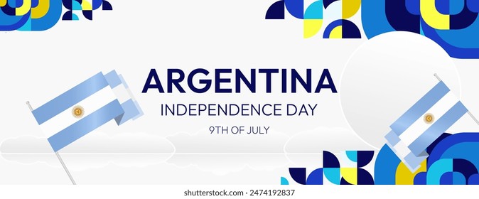 Argentina Independence Day banner in modern geometric style. Wide banner with typography and also country flag. Background for National holiday celebration party. Happy Independence Day of Argentina