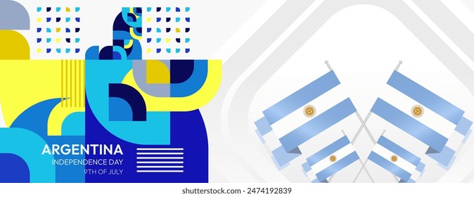 Argentina Independence Day banner in modern geometric style. Wide banner with typography and also country flag. Background for National holiday celebration party. Happy Independence Day of Argentina