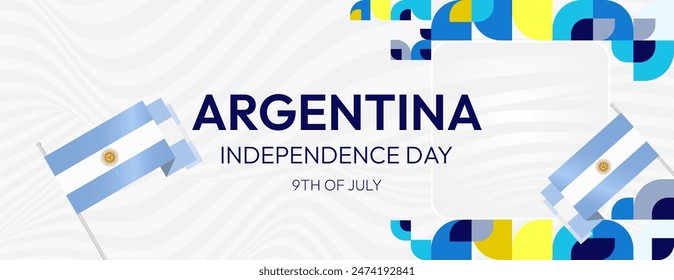 Argentina Independence Day banner in modern geometric style. Wide banner with typography and also country flag. Background for National holiday celebration party. Happy Independence Day of Argentina