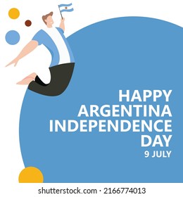 Argentina independence day celebration vector illustration with a man jumping and holding the national flag. South American country public holiday celebrated annually on 9 July.