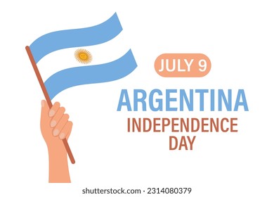 Día de la Independencia de Argentina. La mano tiene la bandera de Argentina. Cartel del Día de la Independencia de Argentina. Ilustración, pancarta, vector