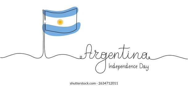 Argentina Independence Day one line art background with flag and sun. Editable stroke hand drawn lettering. Text banner template. Outline drawing with typography. Celebration National symbols.