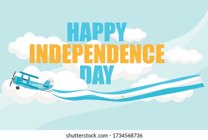 Argentina Independence Day poster. A biplane flying in the sky with the flag of Argentina on Independence Day. 9 July, Argentina Independence Day background in national flag color theme.