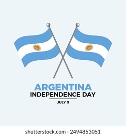 Argentina Independence Day poster vector illustration. Two crossed Argentina flags on a pole icon. Argentinian waving flag symbol. Template for background, banner, card. July 9 every year