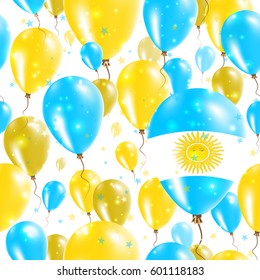 Argentina Independence Day Seamless Pattern. Flying Rubber Balloons in Colors of the Argentinean Flag. Happy Argentina Day Patriotic Card with Balloons, Stars and Sparkles.