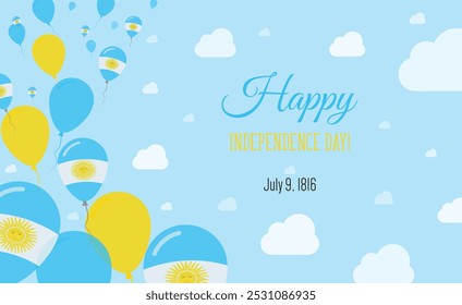 Argentina Independence Day Sparkling Patriotic Poster. Row of Balloons in Colors of the Argentinean Flag. Greeting Card with National Flags, Blue Skyes and Clouds.