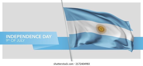 Cartel vectorial del día de la independencia de Argentina, tarjeta de saludo. Bandera ondulada argentina en el 9 de julio de 2014, diseño horizontal de feriado patriótico