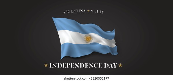 Cartel vectorial del día de la independencia de Argentina, tarjeta de saludo. Bandera ondulada argentina en el 9 de julio patriótico diseño horizontal de vacaciones con bandera realista