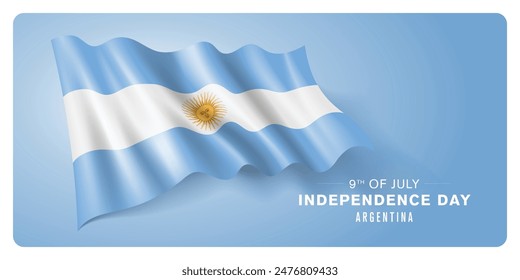 Argentina independence day vector banner, greeting card. Argentinian wavy flag in 9th of July patriotic holiday horizontal design with realistic flag
