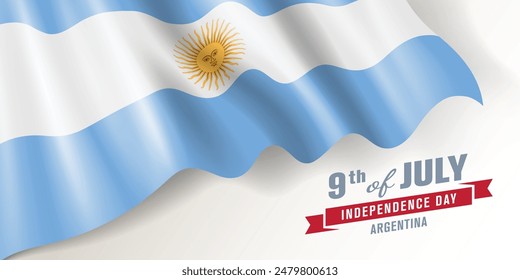 Día de la Independencia de Argentina Anuncio de Vector, tarjeta de felicitación. Bandera argentina ondulada en 9 de julio fiesta patriótica nacional diseño Horizontal