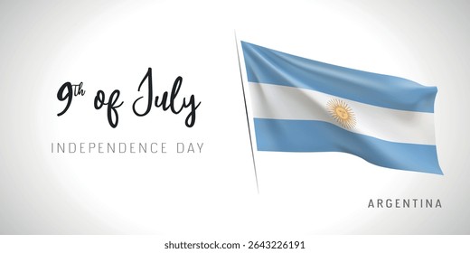 Argentina dia da independência vetor banner, cartão de saudação. Bandeira ondulada argentina em 9 de julho projeto horizontal de feriado patriótico com bandeira realista