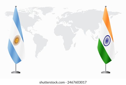 Argentina and India flags for official meeting against background of world map.