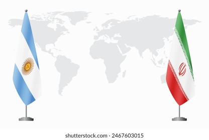 Argentina and Iran flags for official meeting against background of world map.