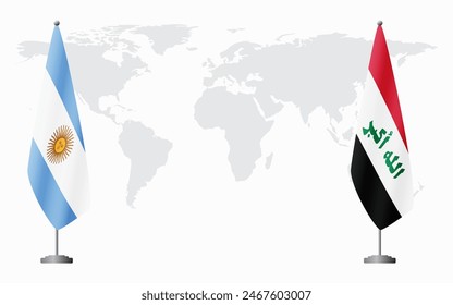 Argentina and Iraq flags for official meeting against background of world map.