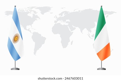 Argentina and Ireland flags for official meeting against background of world map.